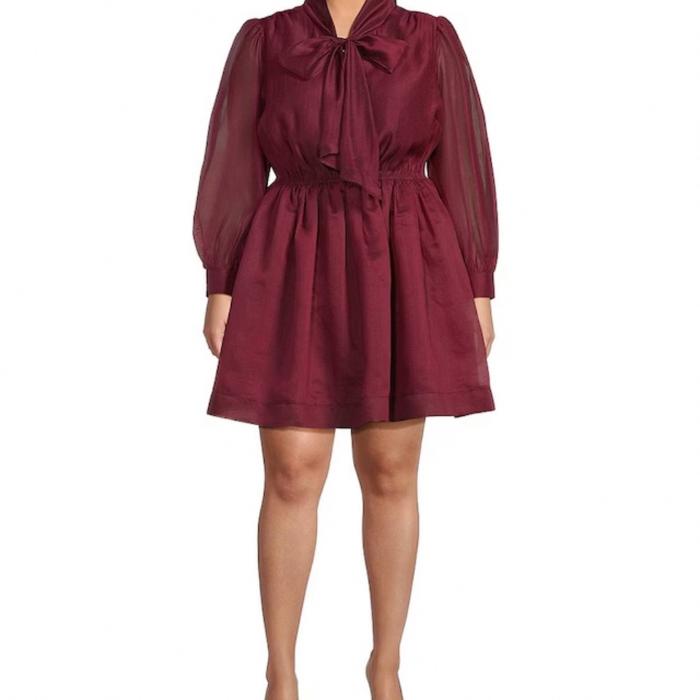 Dillards Plus Size Elise Organza Bow V-Neck Long Bubble Sleeve Ruffle Mini Dress